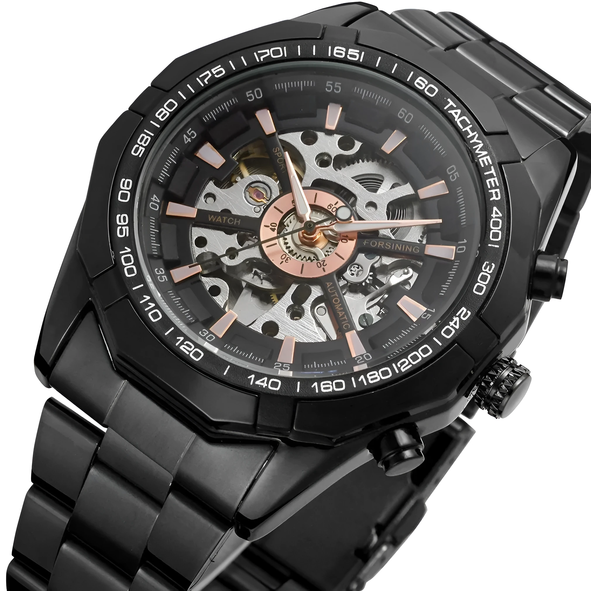 Men's automatic mechanical watch with round 40.5mm alloy case and pointer display on a light background