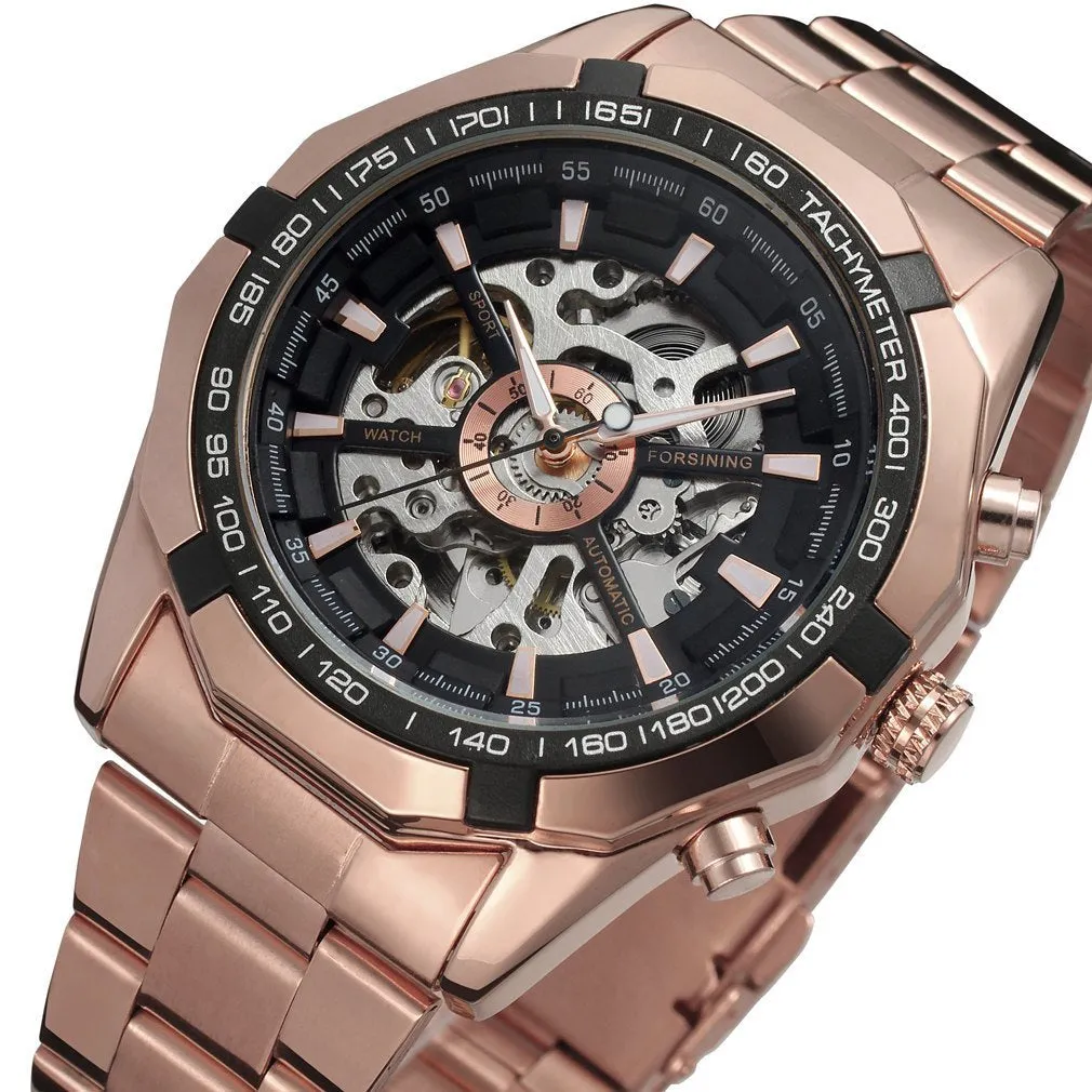 Men's automatic mechanical watch with round 40.5mm alloy case and pointer display on a light background
