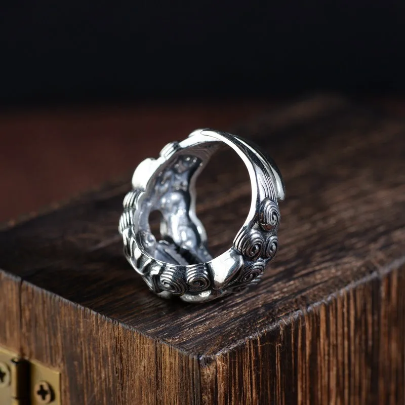 Silver open ring with Jibeast pattern animal zodiac design and adjustable sizing