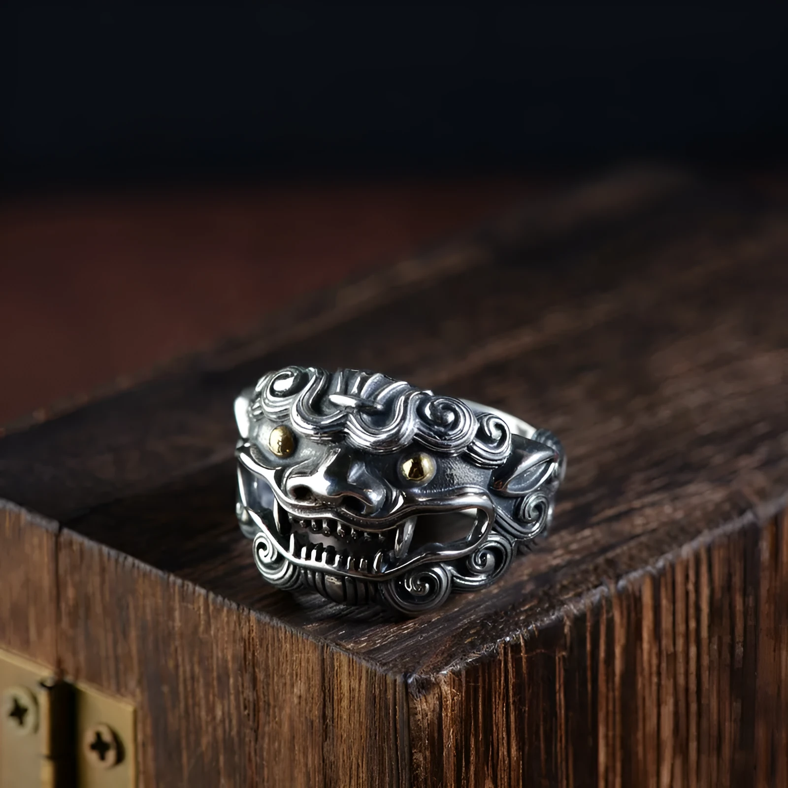 Silver open ring with Jibeast pattern animal zodiac design and adjustable sizing