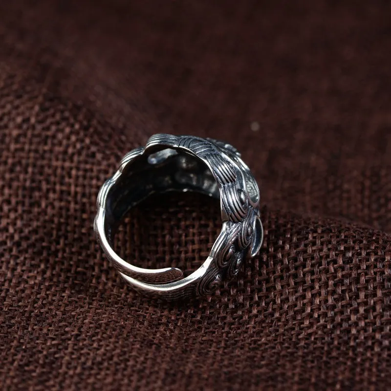 Silver open ring with Jibeast pattern animal zodiac design and adjustable sizing