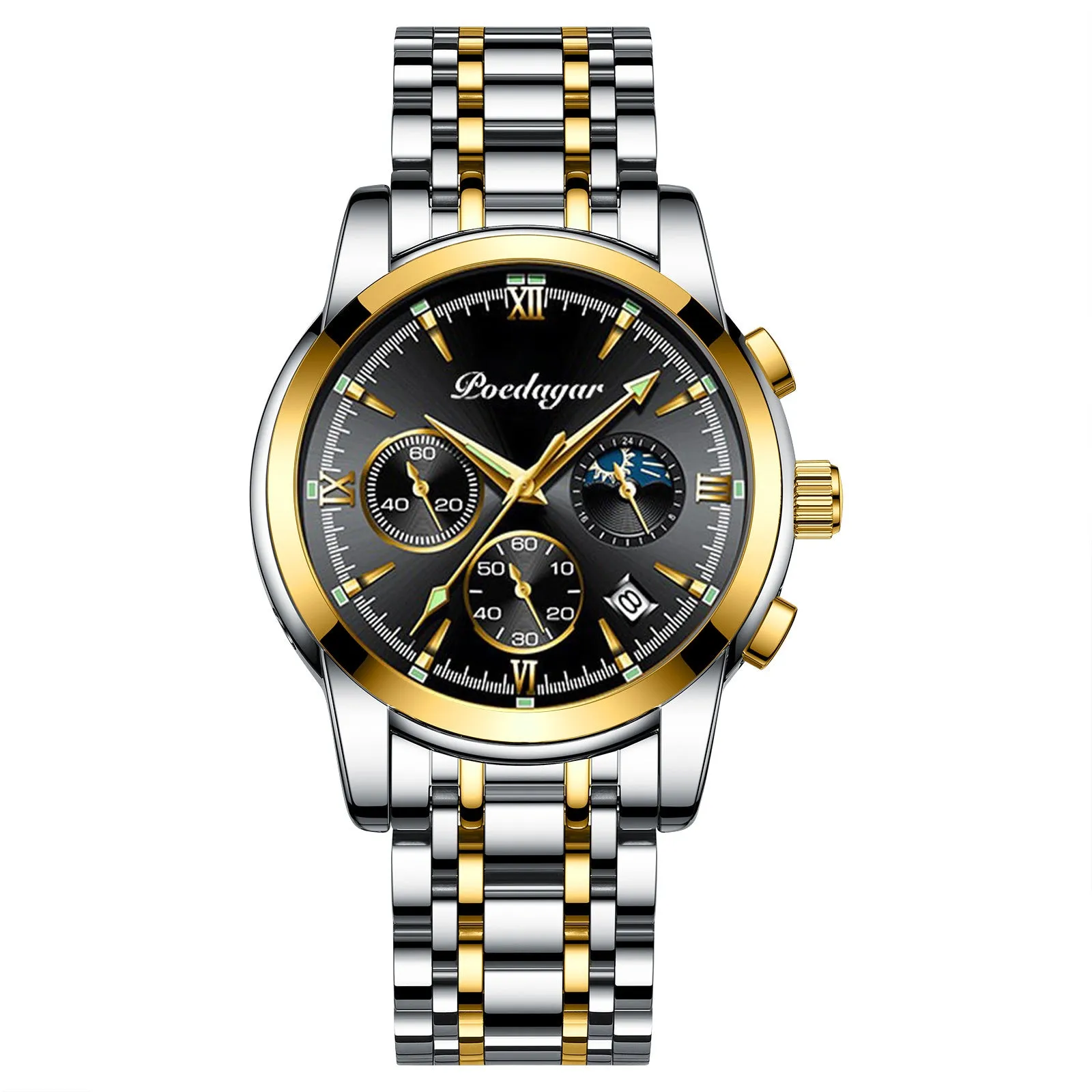Multifunctional men's luminous waterproof quartz watch with stainless steel belt, silver case, and blue dial, 7mm thickness