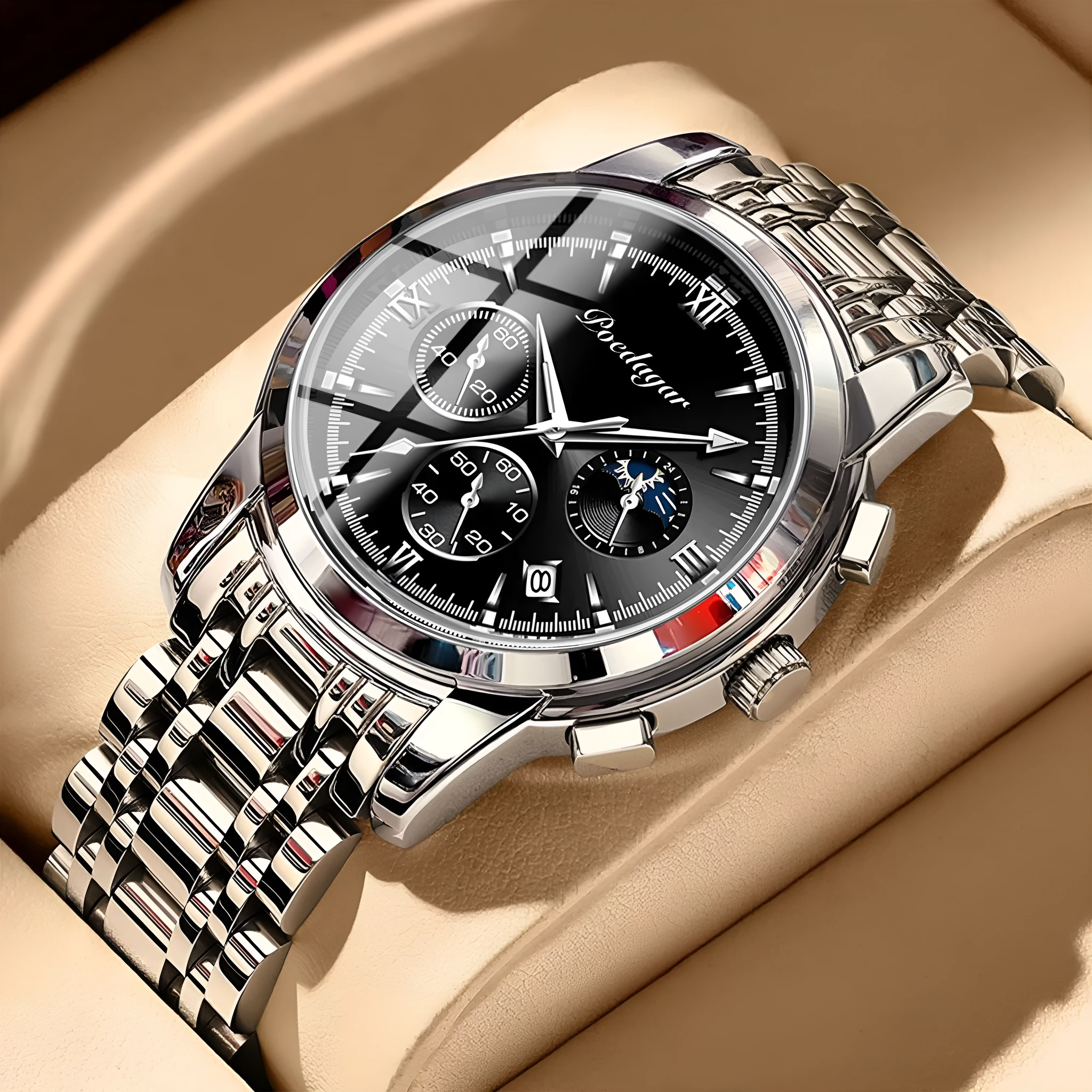Multifunctional men's luminous waterproof quartz watch with stainless steel belt, silver case, and blue dial, 7mm thickness