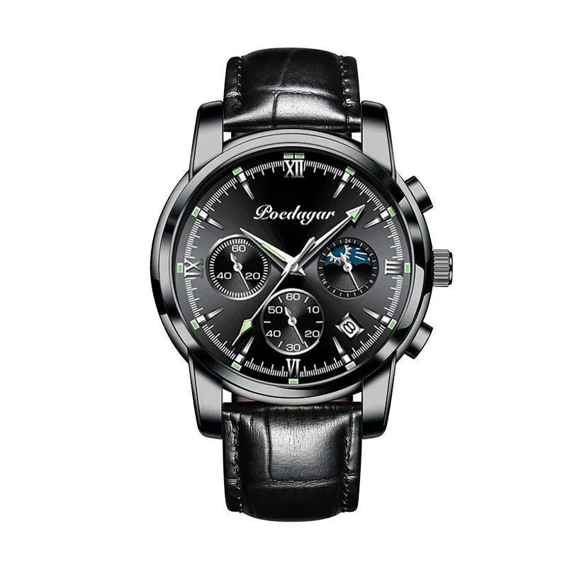 Multifunctional men's luminous waterproof quartz watch with stainless steel belt, silver case, and blue dial, 7mm thickness
