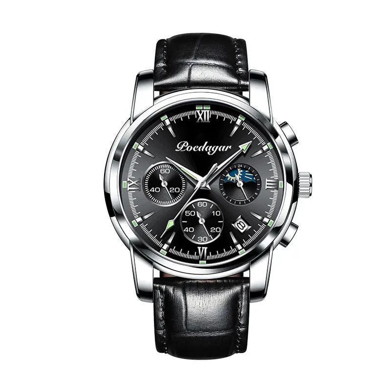 Multifunctional men's luminous waterproof quartz watch with stainless steel belt, silver case, and blue dial, 7mm thickness