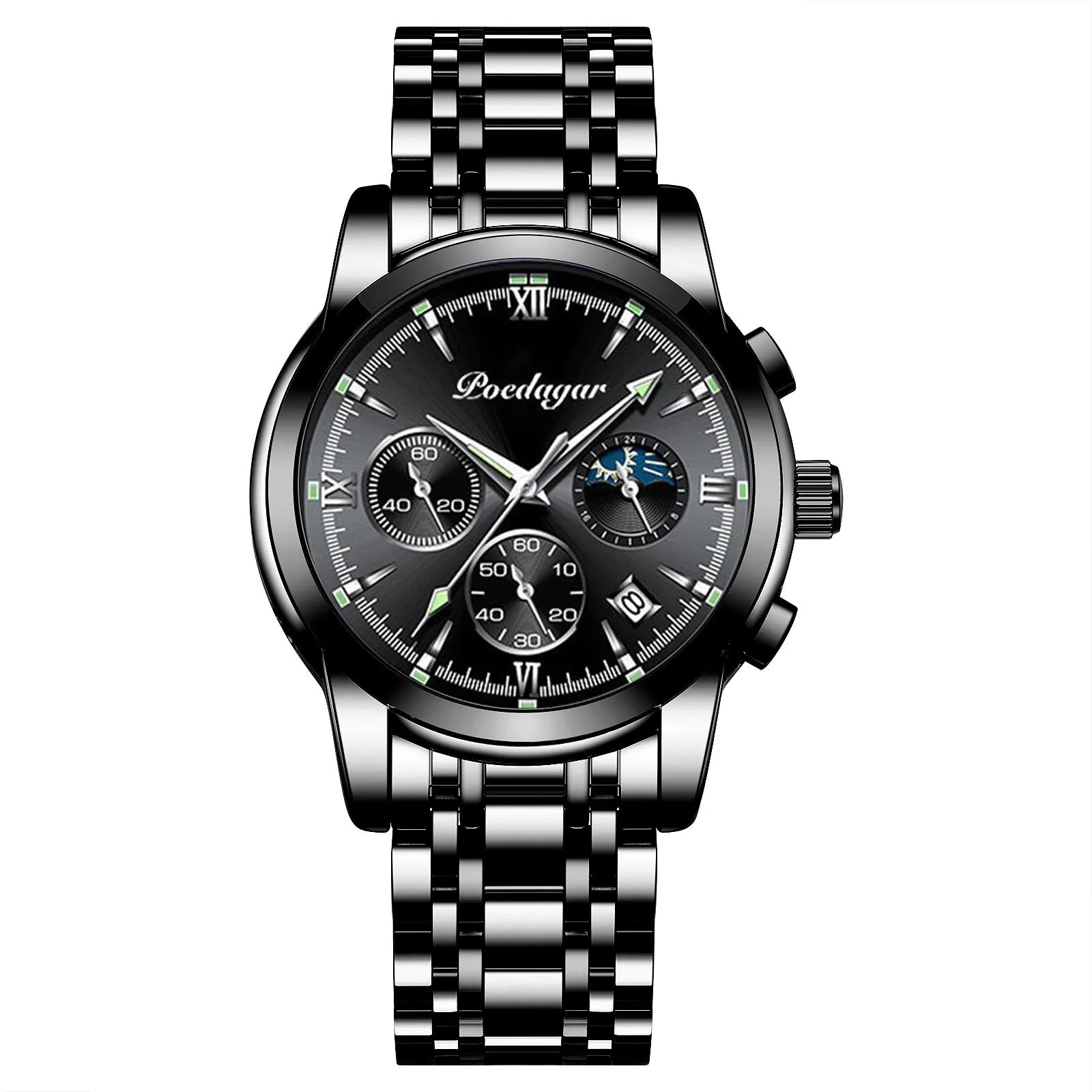 Multifunctional men's luminous waterproof quartz watch with stainless steel belt, silver case, and blue dial, 7mm thickness