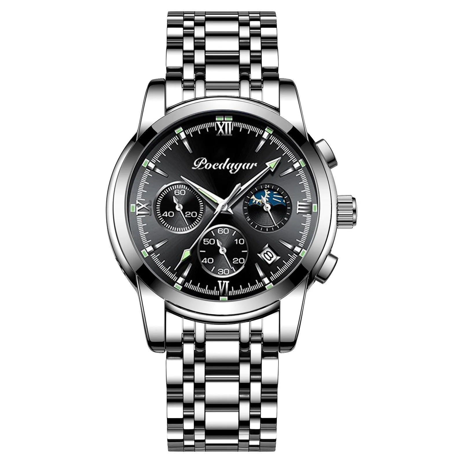 Multifunctional men's luminous waterproof quartz watch with stainless steel belt, silver case, and blue dial, 7mm thickness