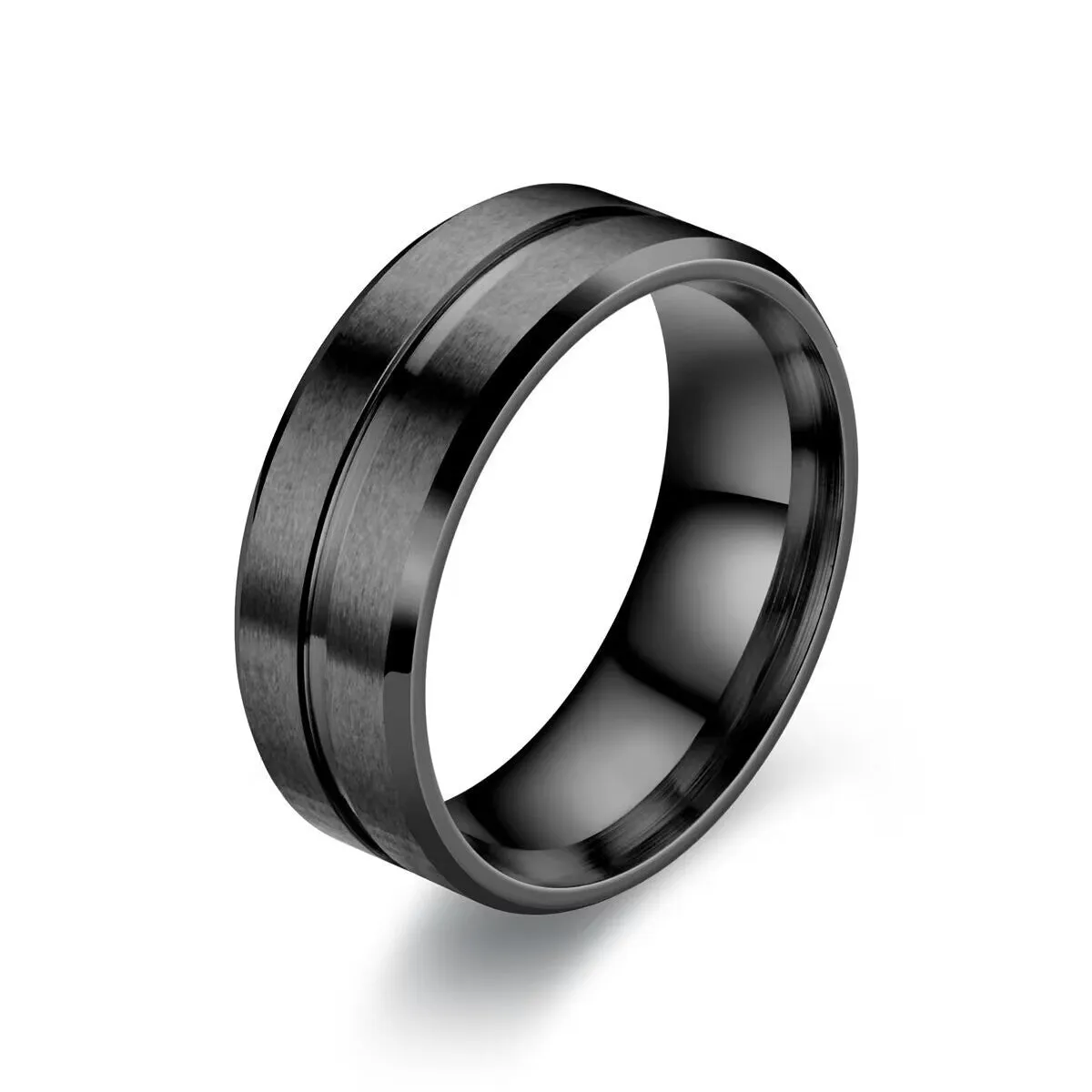 Black titanium steel ring with geometric design and alloy inlaid artificial stone on a dark background.