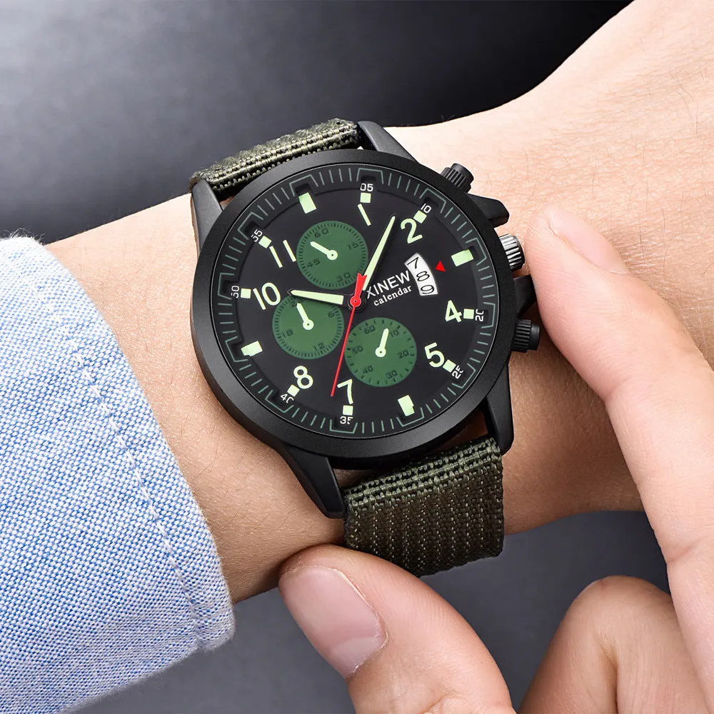 Men's nylon band military sports watch with 4.2cm dial and black face on display