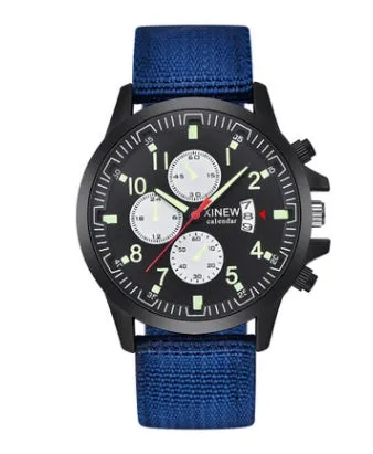 Men's nylon band military sports watch with 4.2cm dial and black face on display