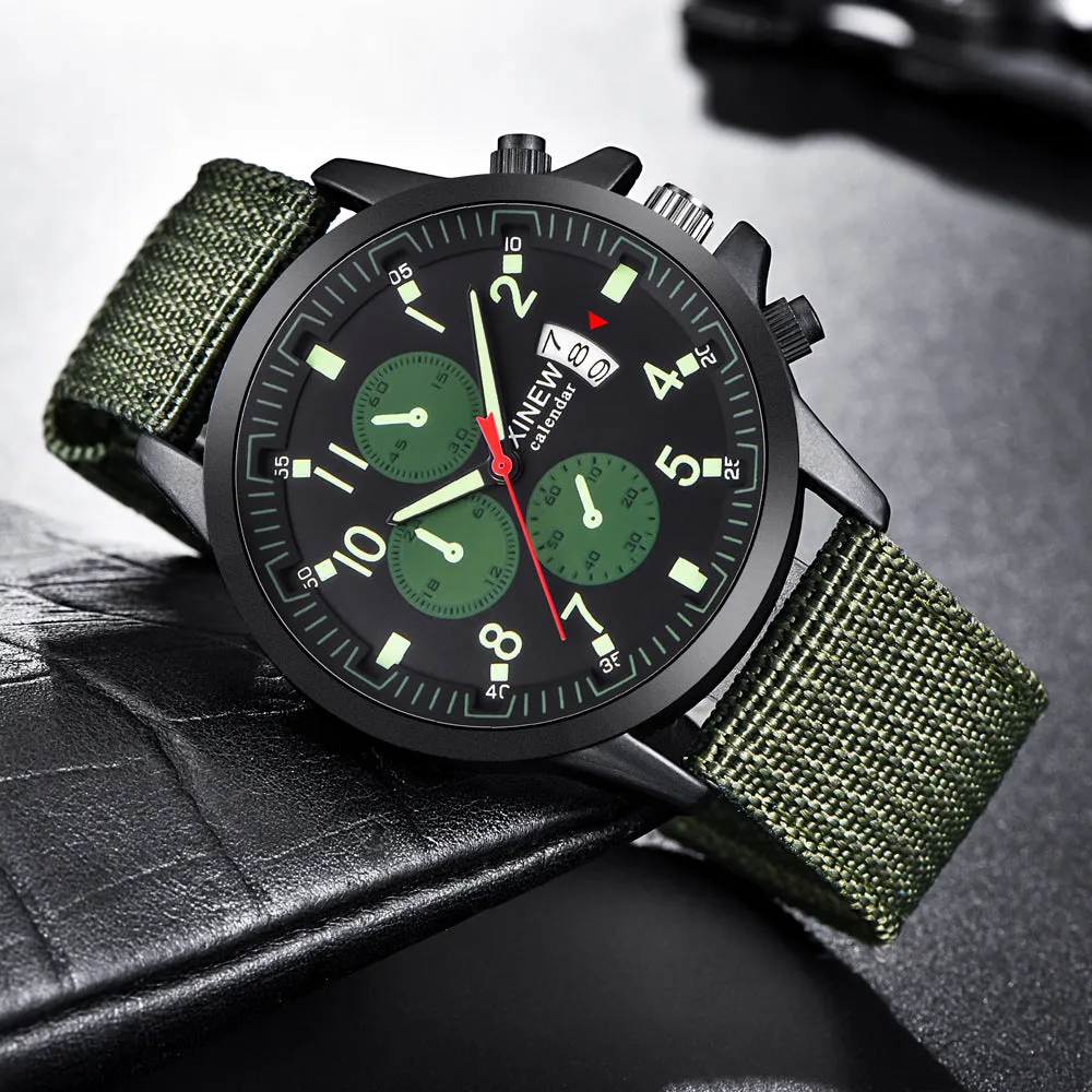 Men's nylon band military sports watch with 4.2cm dial and black face on display