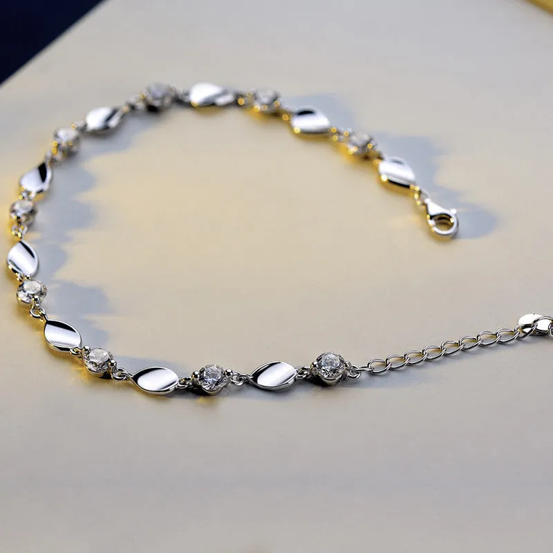 Diamond-encrusted 925 sterling silver bracelet with AAA+ zircon stones, bright white and silver, adjustable chain tail