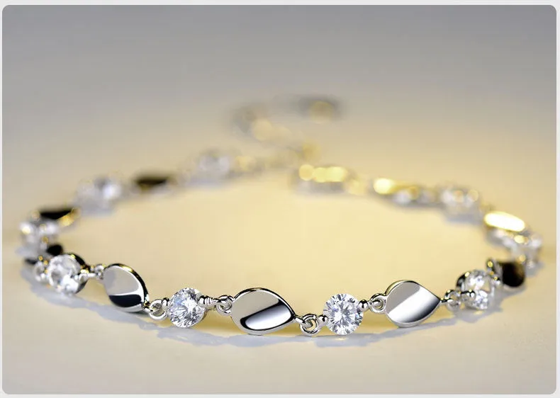 Diamond-encrusted 925 sterling silver bracelet with AAA+ zircon stones, bright white and silver, adjustable chain tail
