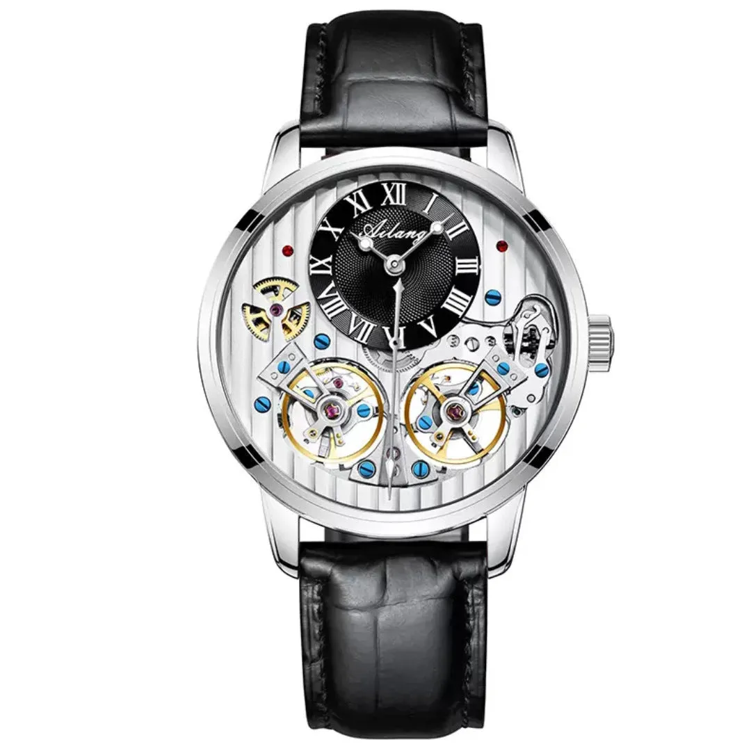 Men's automatic double tourbillon mechanical watch with 41mm round dial, genuine leather strap, mineral glass, and skeleton case back