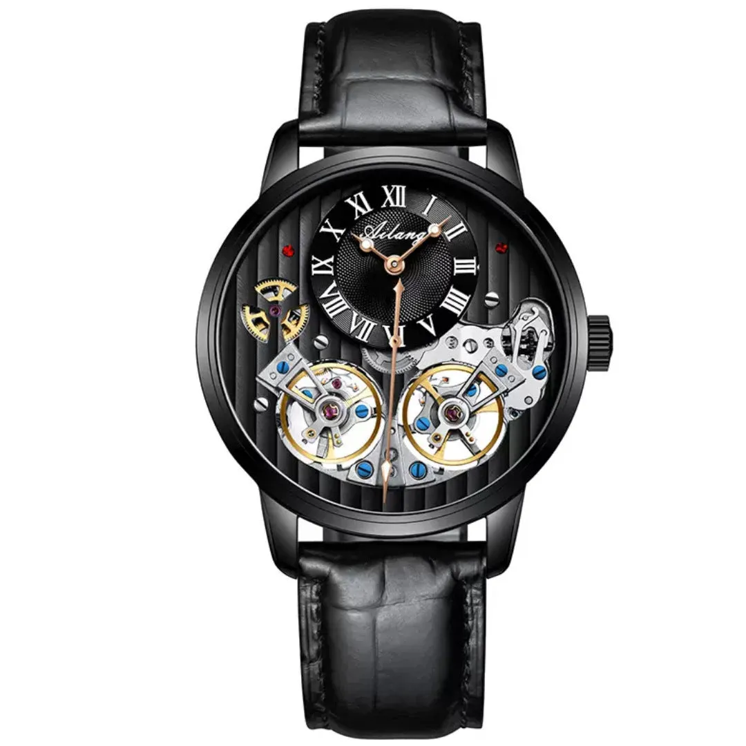 Men's automatic double tourbillon mechanical watch with 41mm round dial, genuine leather strap, mineral glass, and skeleton case back