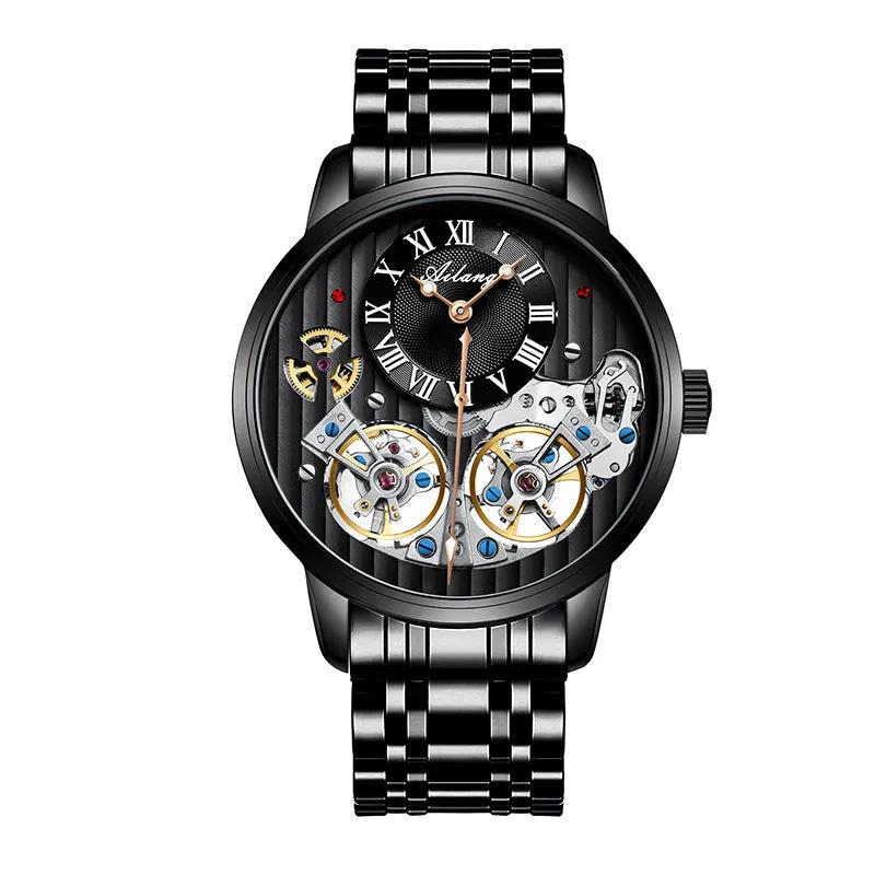 Men's automatic double tourbillon mechanical watch with 41mm round dial, genuine leather strap, mineral glass, and skeleton case back