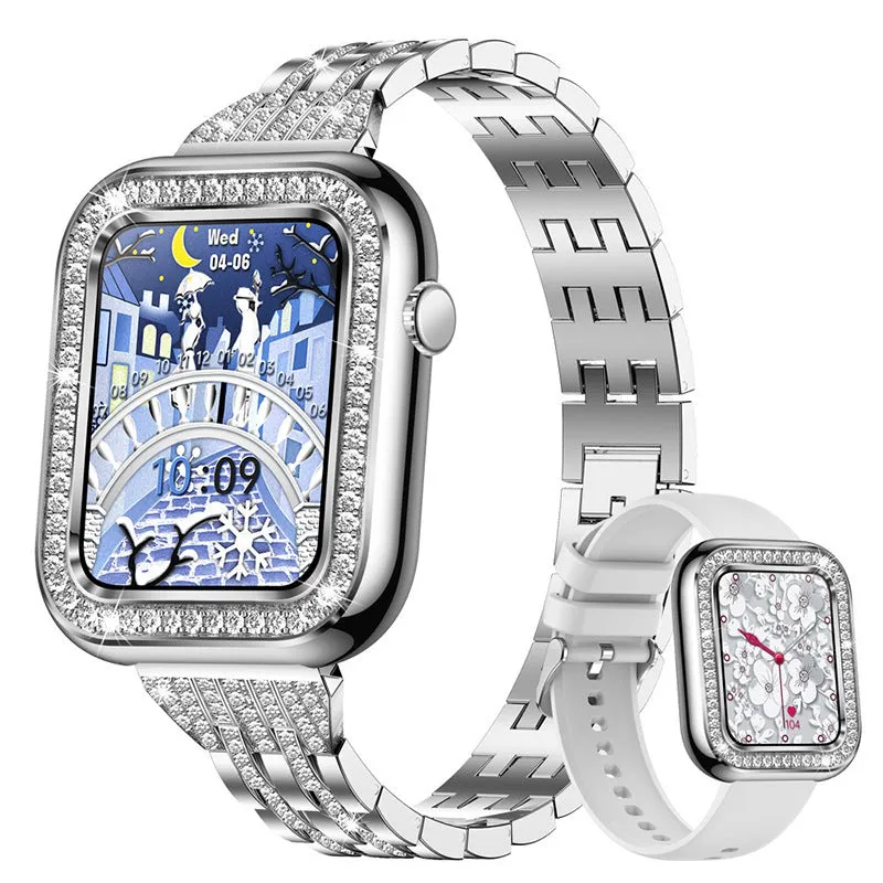 Women's square smart watch with diamond design, TFT touch screen, rose gold mesh strap