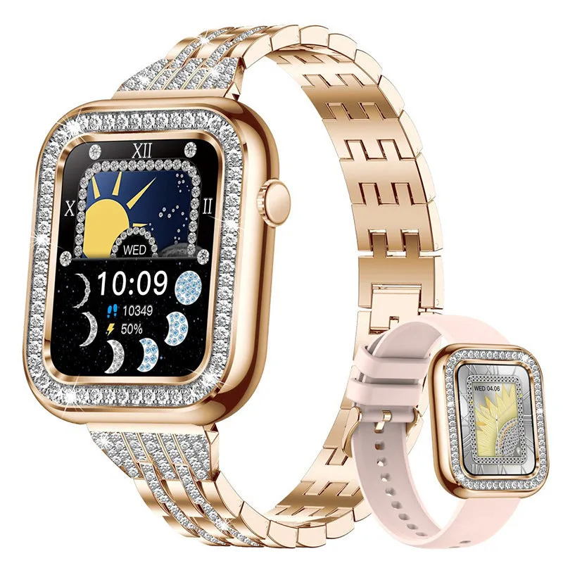 Women's square smart watch with diamond design, TFT touch screen, rose gold mesh strap