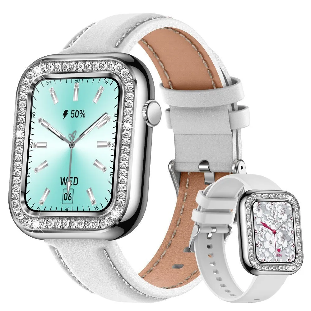 Women's square smart watch with diamond design, TFT touch screen, rose gold mesh strap
