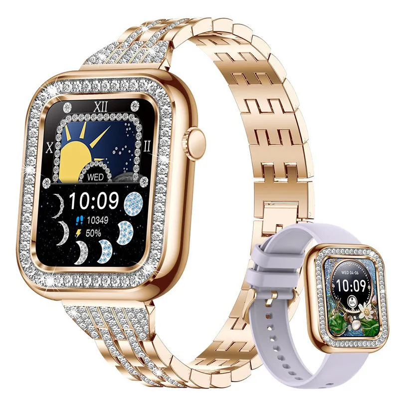 Women's square smart watch with diamond design, TFT touch screen, rose gold mesh strap
