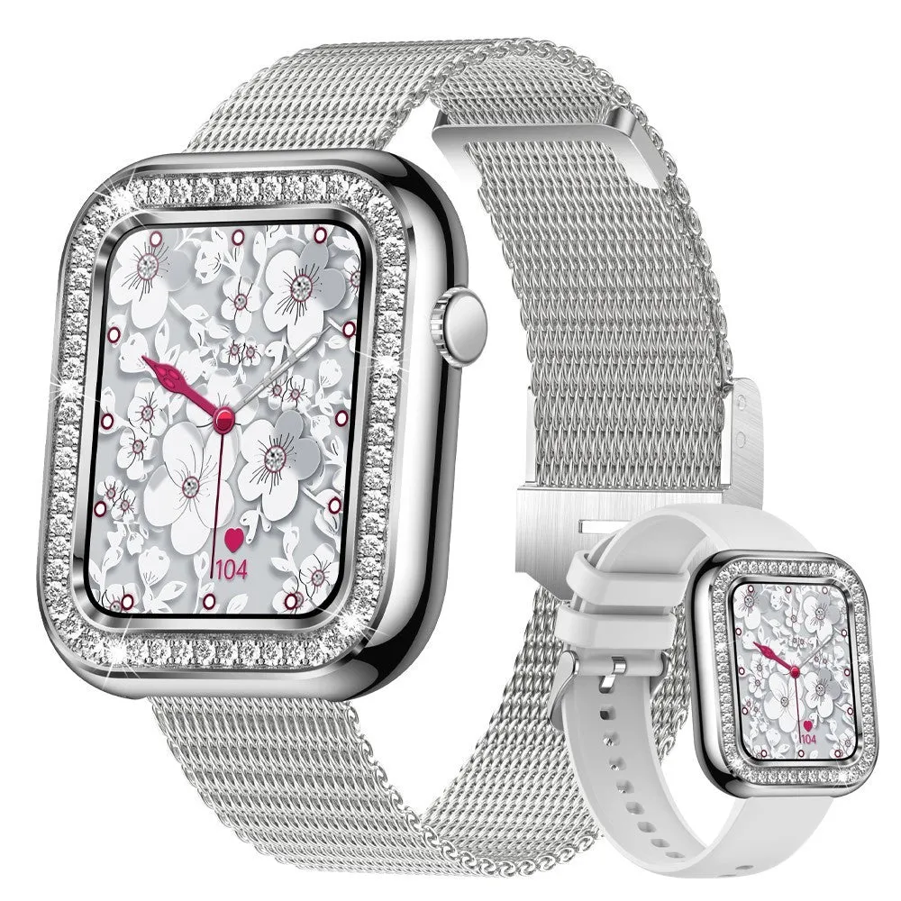 Women's square smart watch with diamond design, TFT touch screen, rose gold mesh strap