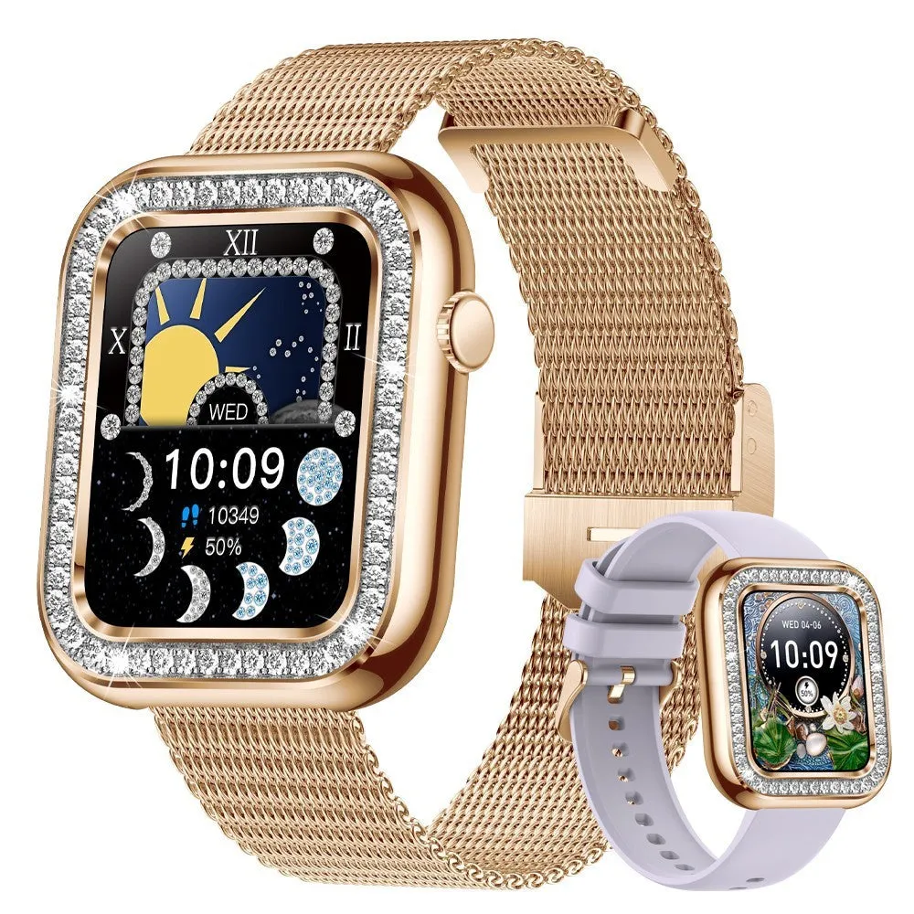 Women's square smart watch with diamond design, TFT touch screen, rose gold mesh strap