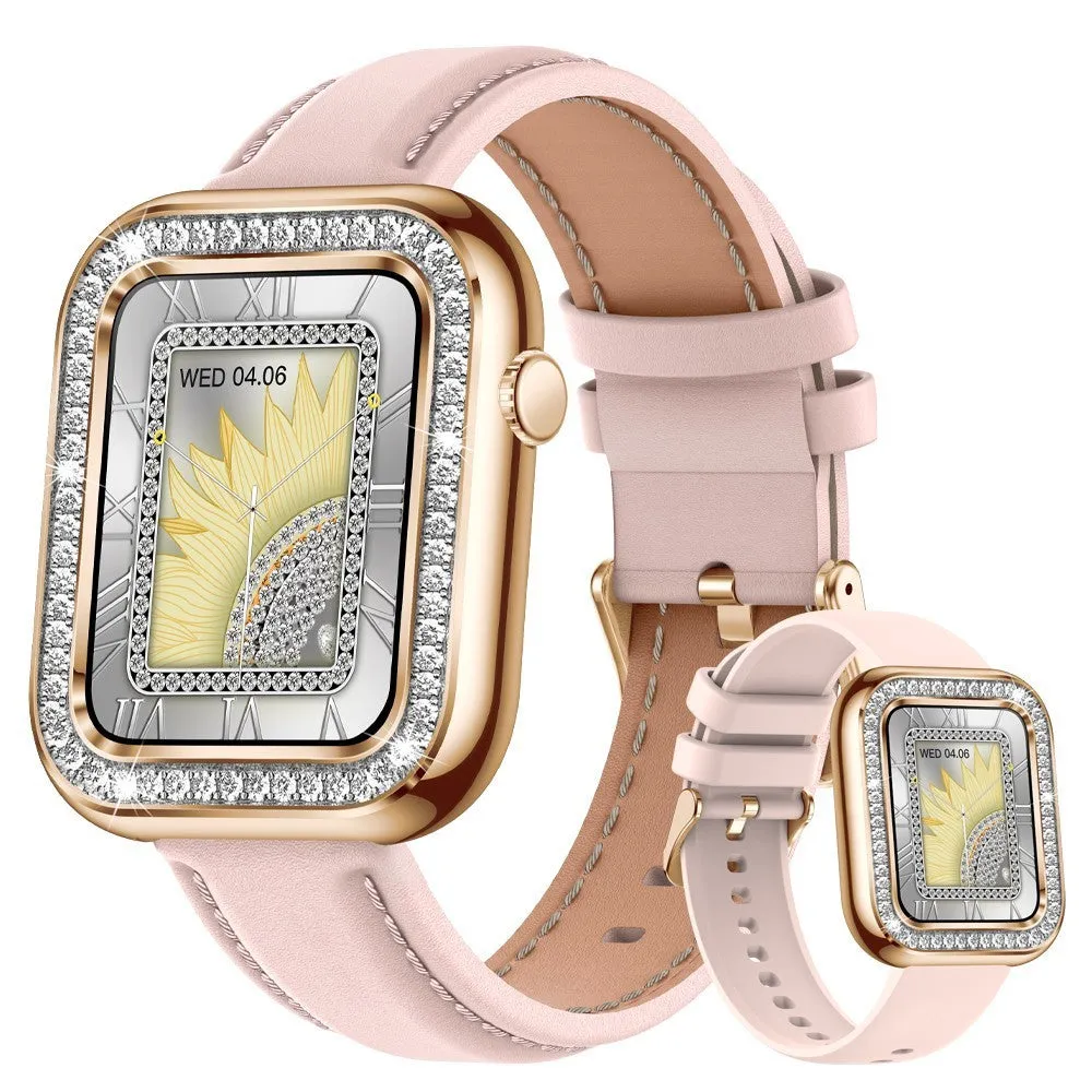 Women's square smart watch with diamond design, TFT touch screen, rose gold mesh strap