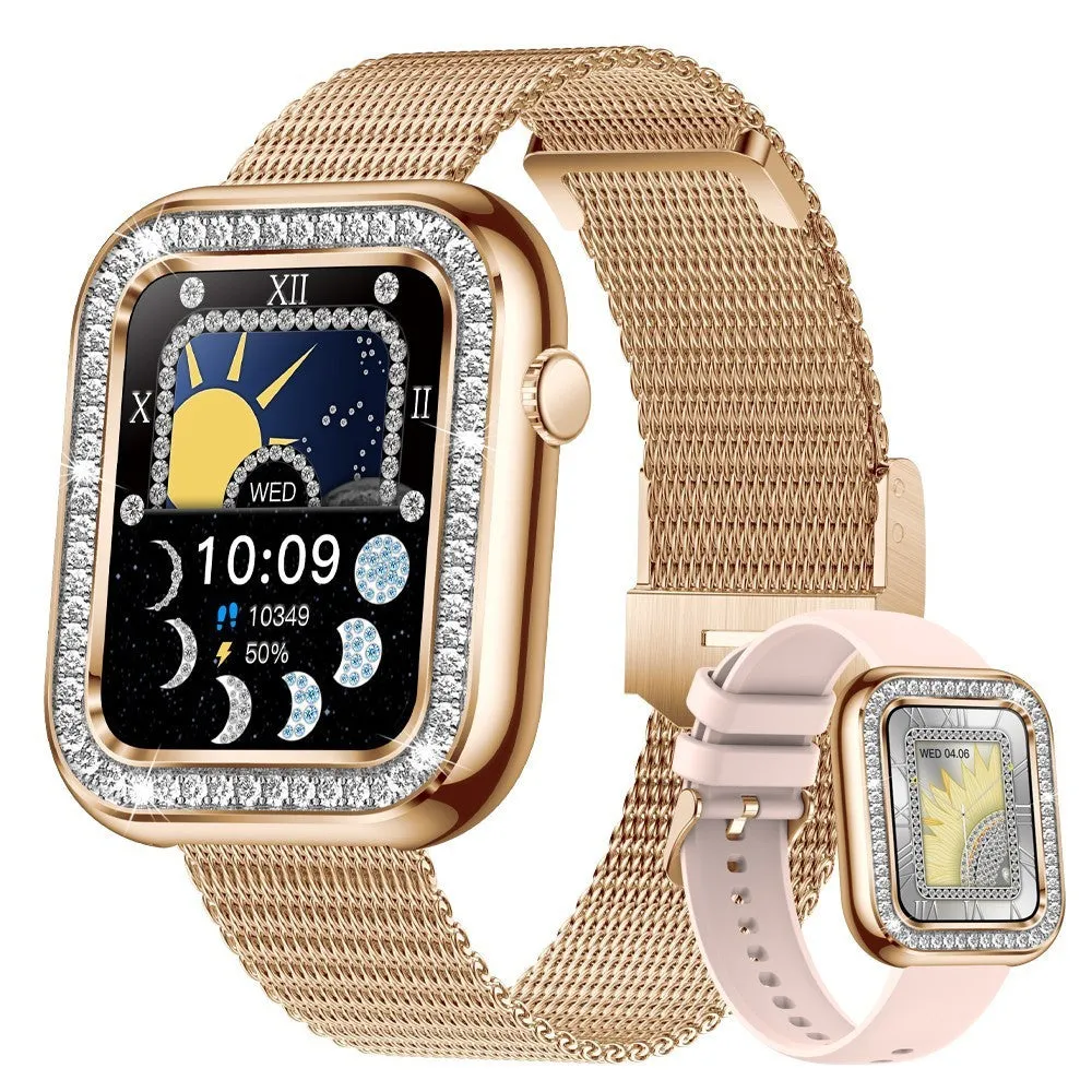 Women's square smart watch with diamond design, TFT touch screen, rose gold mesh strap