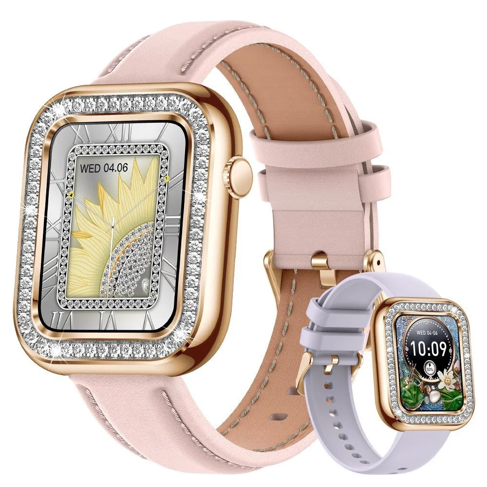 Women's square smart watch with diamond design, TFT touch screen, rose gold mesh strap