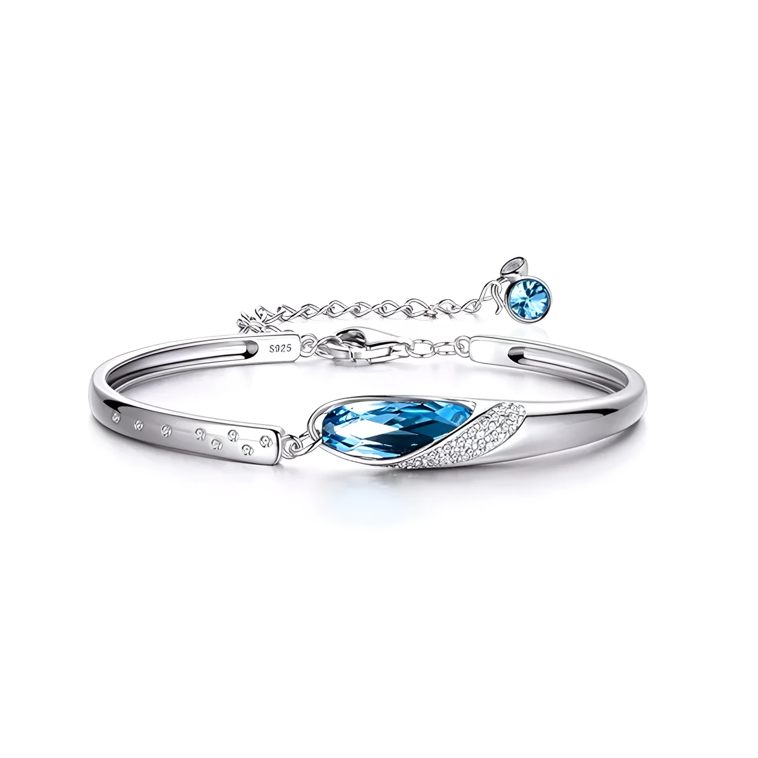 Silver-plated heart pendant necklace with blue crystal zircon inlay on display
