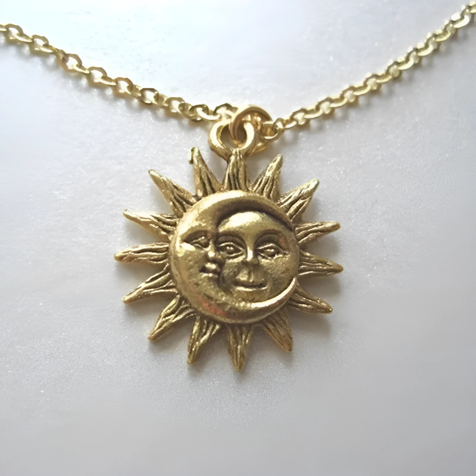 Sun moon pendant necklace for women, geometric alloy choker in gold finish, adjustable 21-50cm circumference