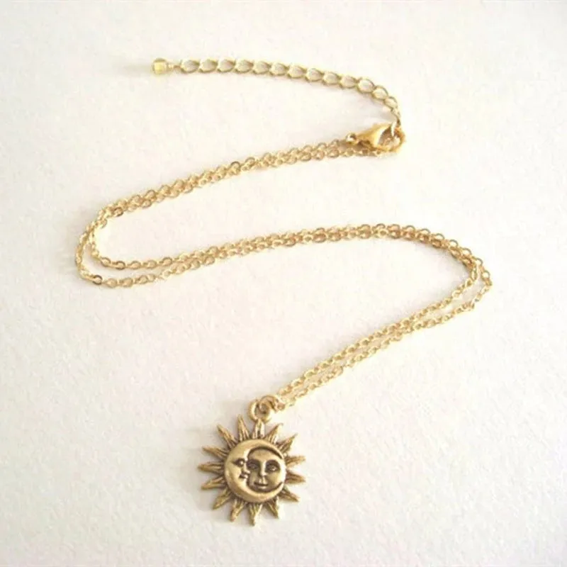 Sun moon pendant necklace for women, geometric alloy choker in gold finish, adjustable 21-50cm circumference