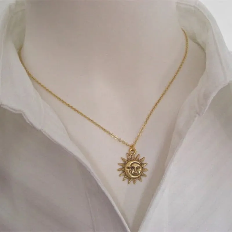 Sun moon pendant necklace for women, geometric alloy choker in gold finish, adjustable 21-50cm circumference