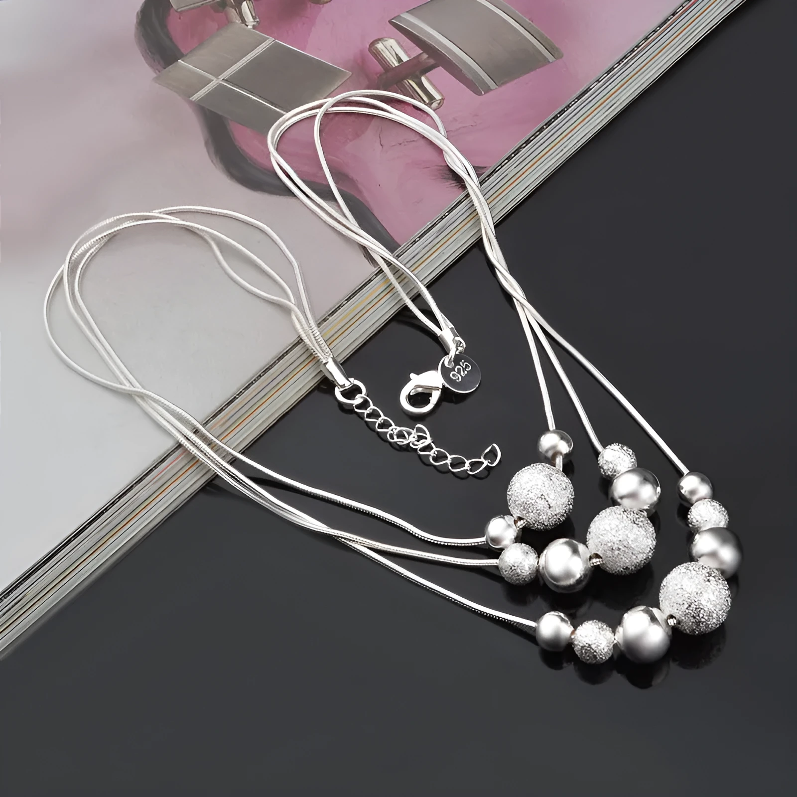 Electroplated silver copper bead necklace with 925 silver pendant and snake bone chain