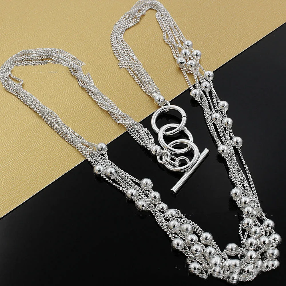 Electroplated silver copper bead necklace with 925 silver pendant and snake bone chain