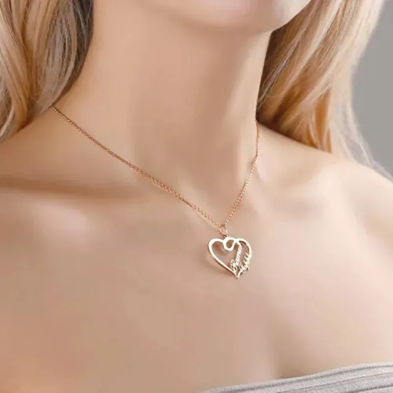 Personalised double heart necklace in stainless steel with custom name engraving on 45cm chain