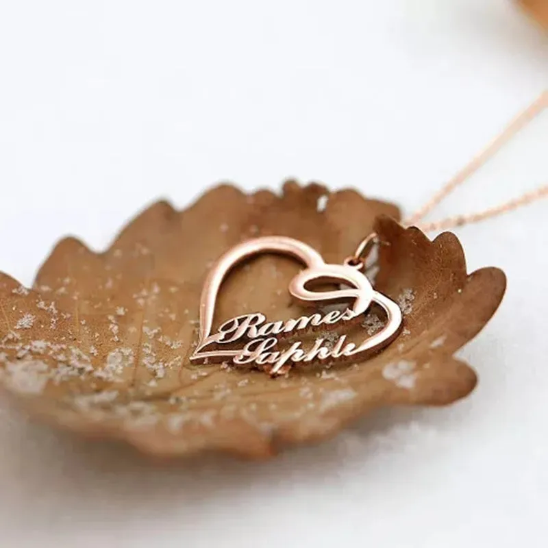 Personalised double heart necklace in stainless steel with custom name engraving on 45cm chain