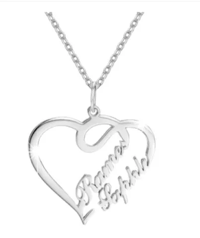 Personalised double heart necklace in stainless steel with custom name engraving on 45cm chain
