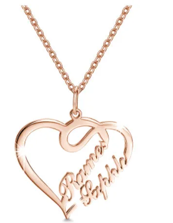 Personalised double heart necklace in stainless steel with custom name engraving on 45cm chain