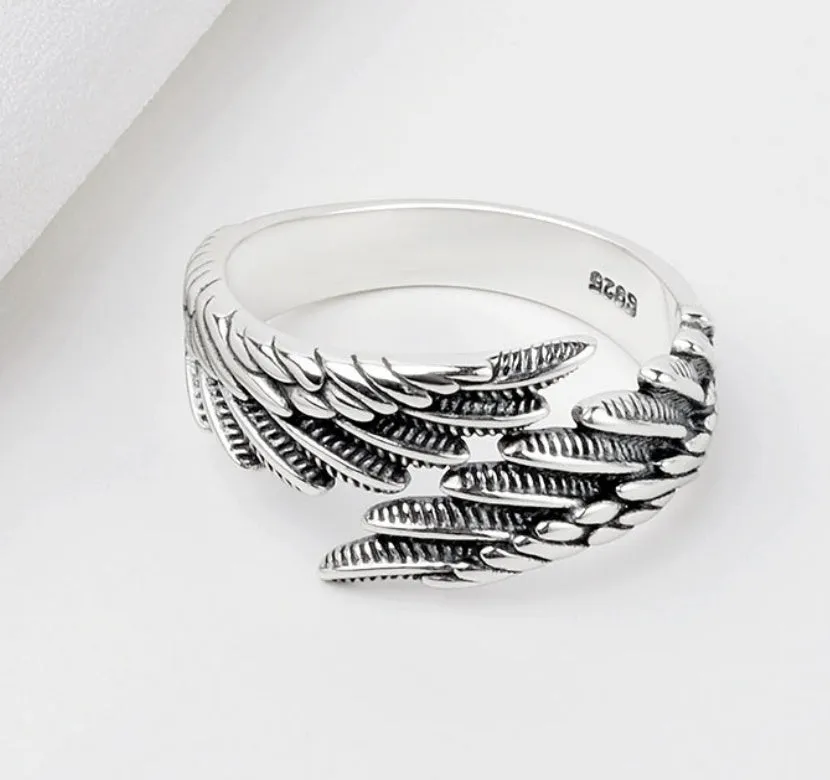 Love couple plain silver ring set with angel wings vintage finish and bracelet