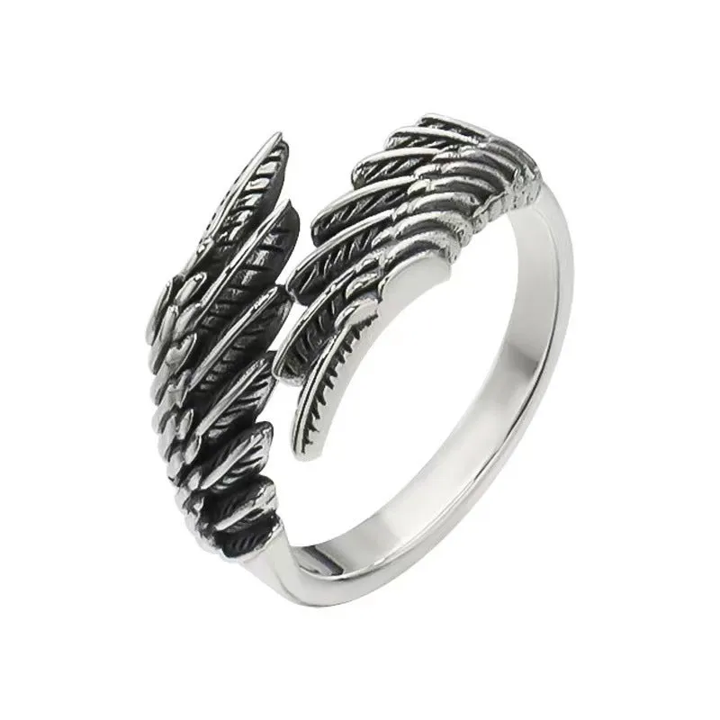 Love couple plain silver ring set with angel wings vintage finish and bracelet