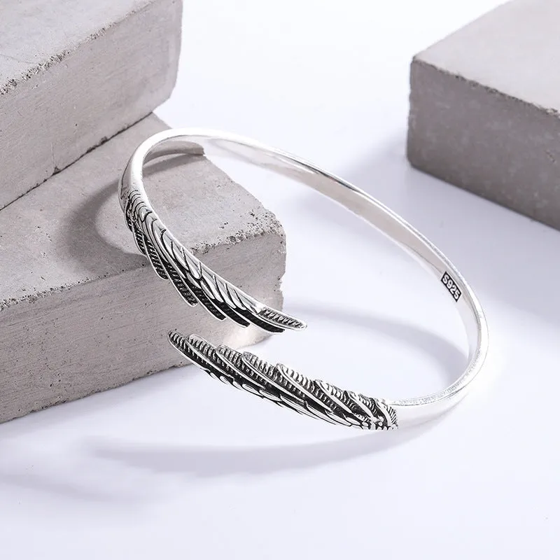 Love couple plain silver ring set with angel wings vintage finish and bracelet