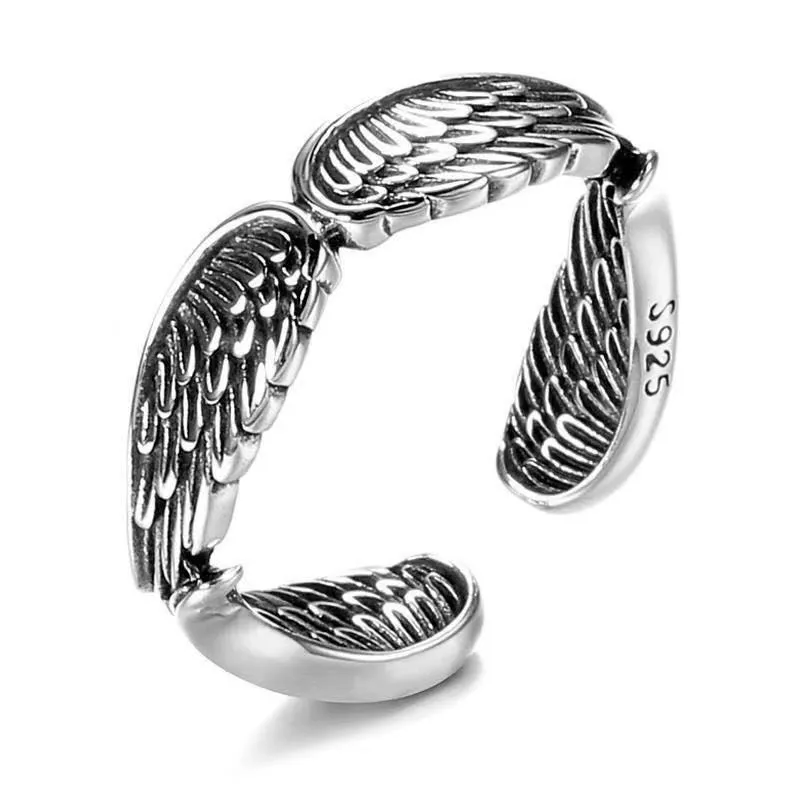 Love couple plain silver ring set with angel wings vintage finish and bracelet