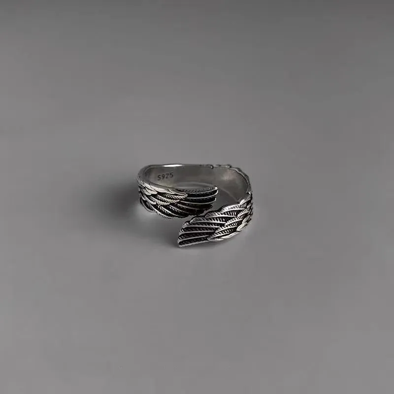 Love couple plain silver ring set with angel wings vintage finish and bracelet