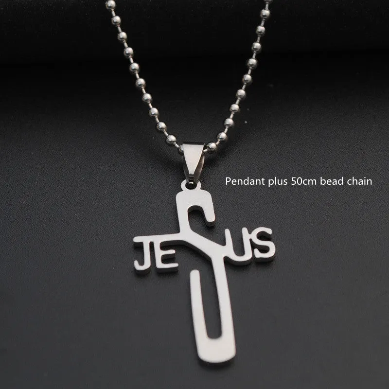 Stainless steel titanium alloy cross pendant on a black whip chain against a dark background