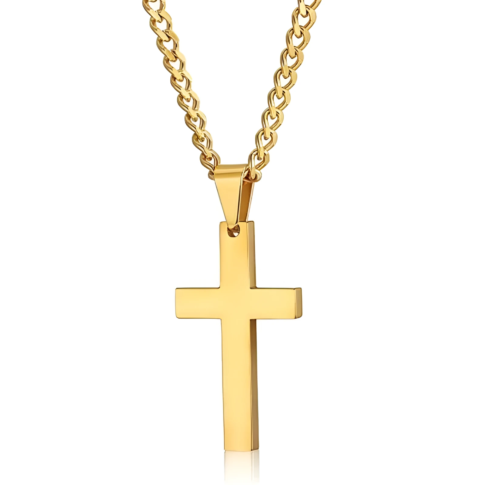 Stainless steel titanium alloy cross pendant on a black whip chain against a dark background