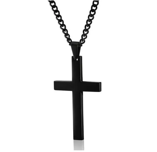 Stainless steel titanium alloy cross pendant on a black whip chain against a dark background