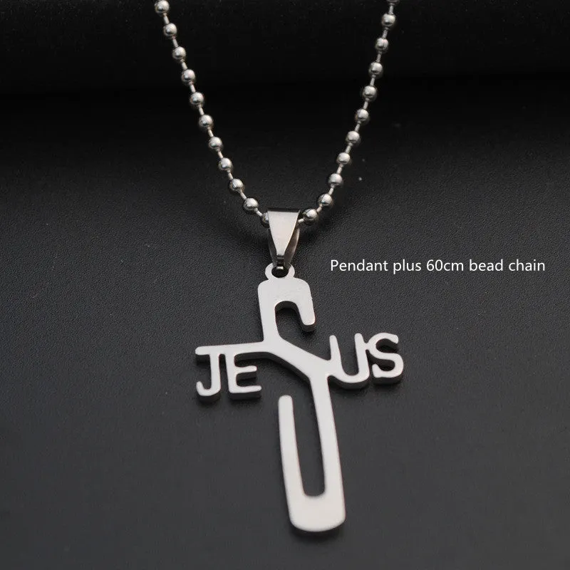 Stainless steel titanium alloy cross pendant on a black whip chain against a dark background
