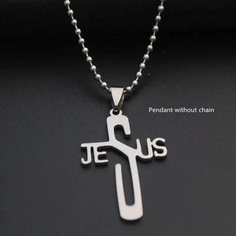 Stainless steel titanium alloy cross pendant on a black whip chain against a dark background