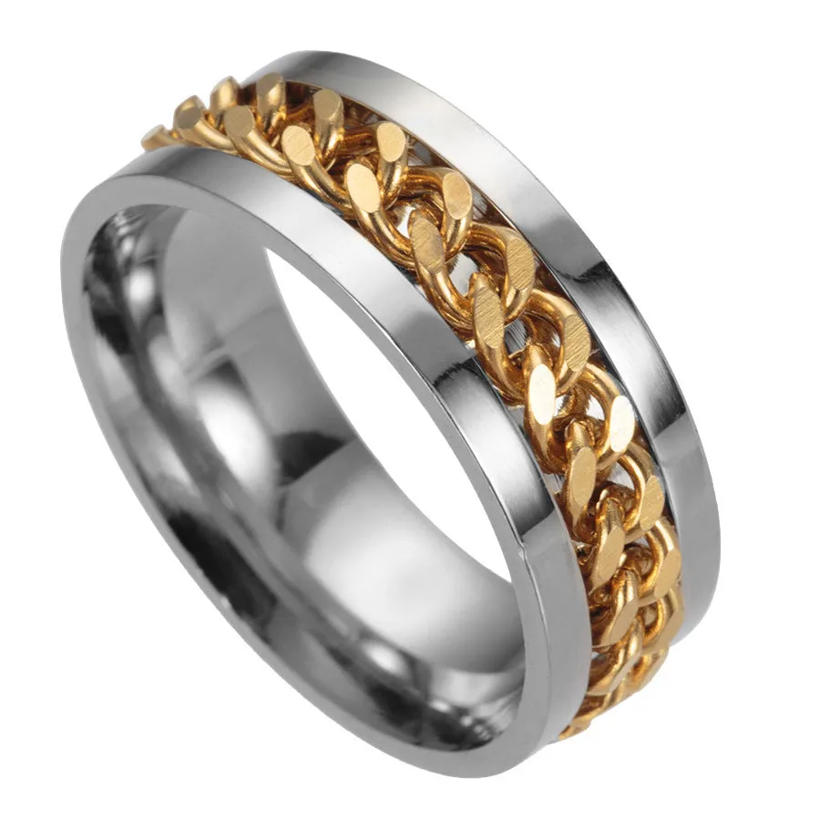 Titanium steel spinner ring with chain pattern and beer bottle opener in multiple colours and sizes